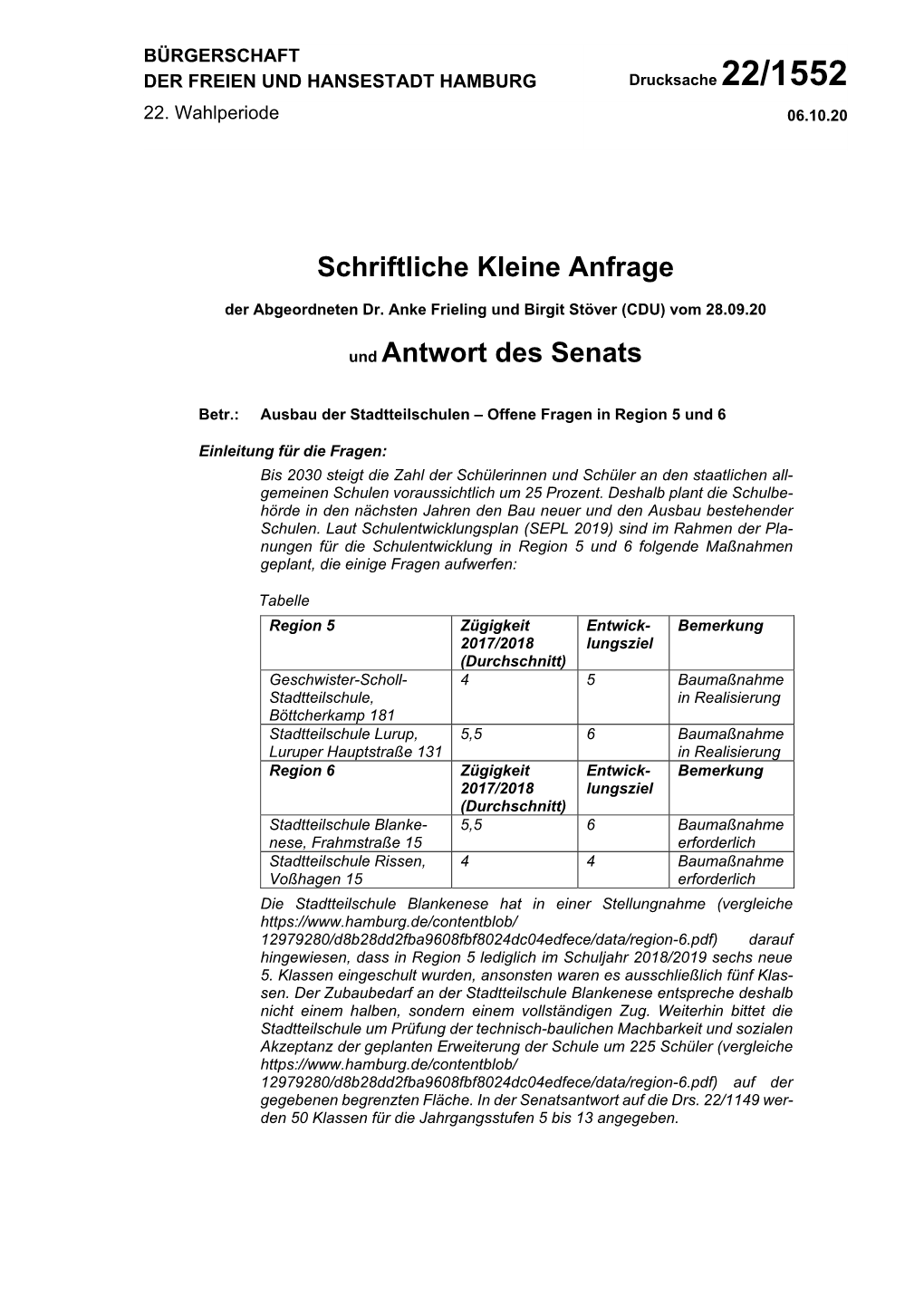 Schriftliche Kleine Anfrage Und Antwort Des Senats