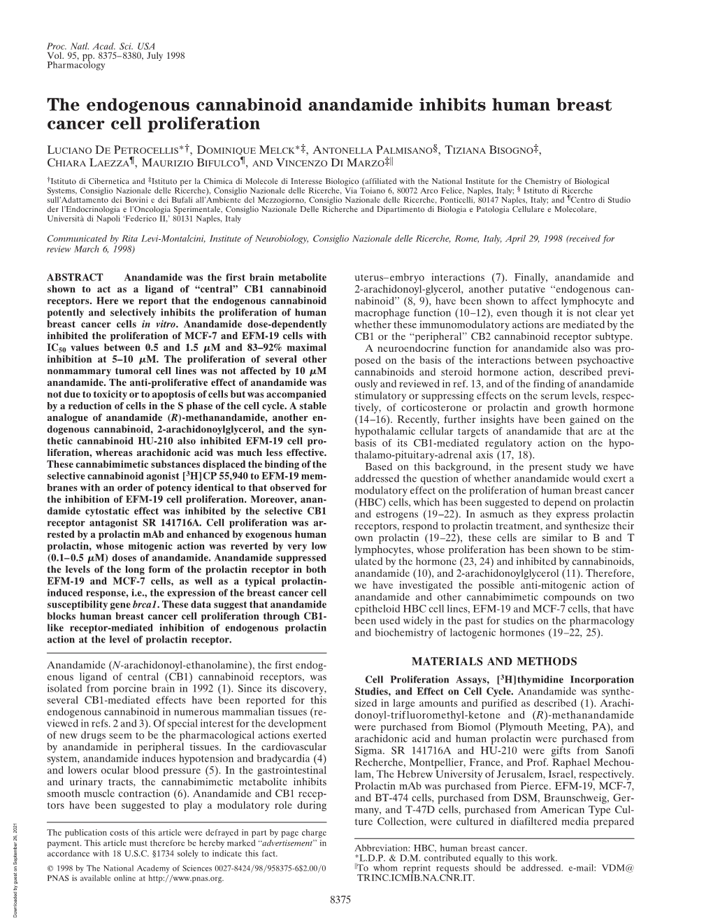 The Endogenous Cannabinoid Anandamide Inhibits Human Breast Cancer Cell Proliferation