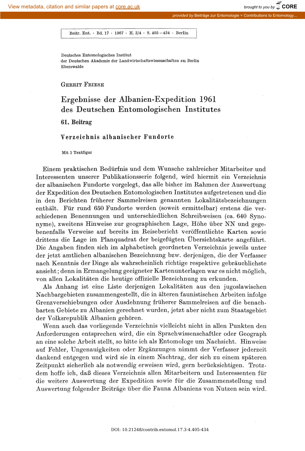 Ergebnisse Der Albanien-Expedition 1961 Des Deutschen Entomologischen Institutes 61