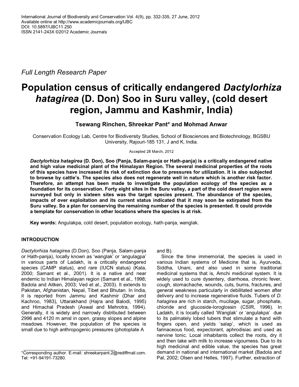 Population Census of Critically Endangered Dactylorhiza Hatagirea (D