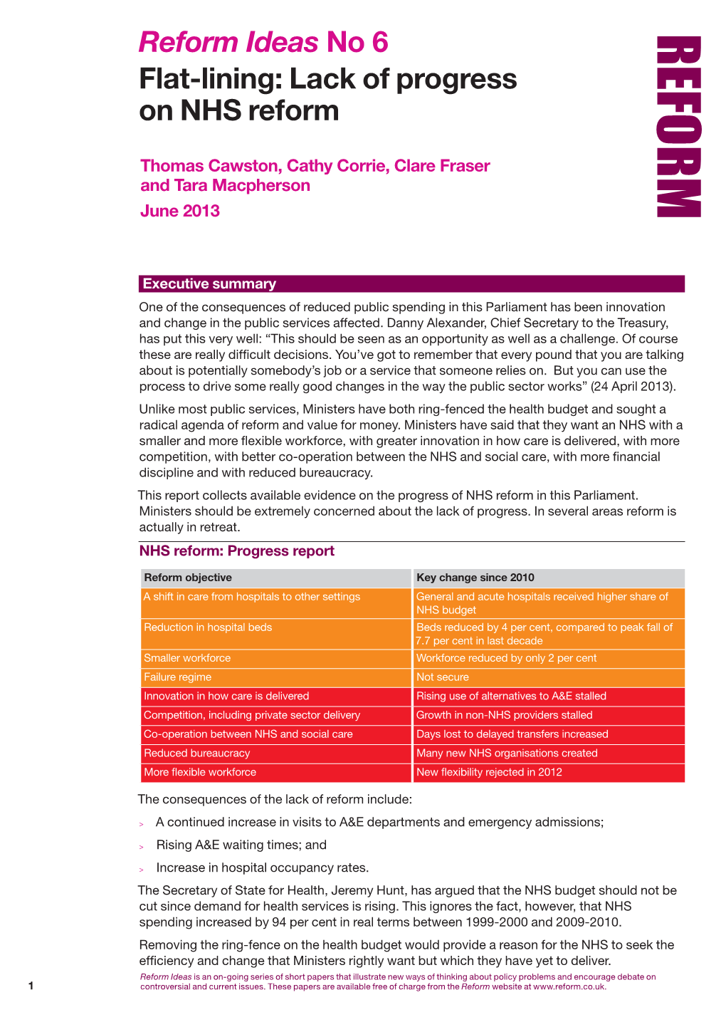 Reform Ideas No 6 Flat-Lining: Lack of Progress on NHS Reform