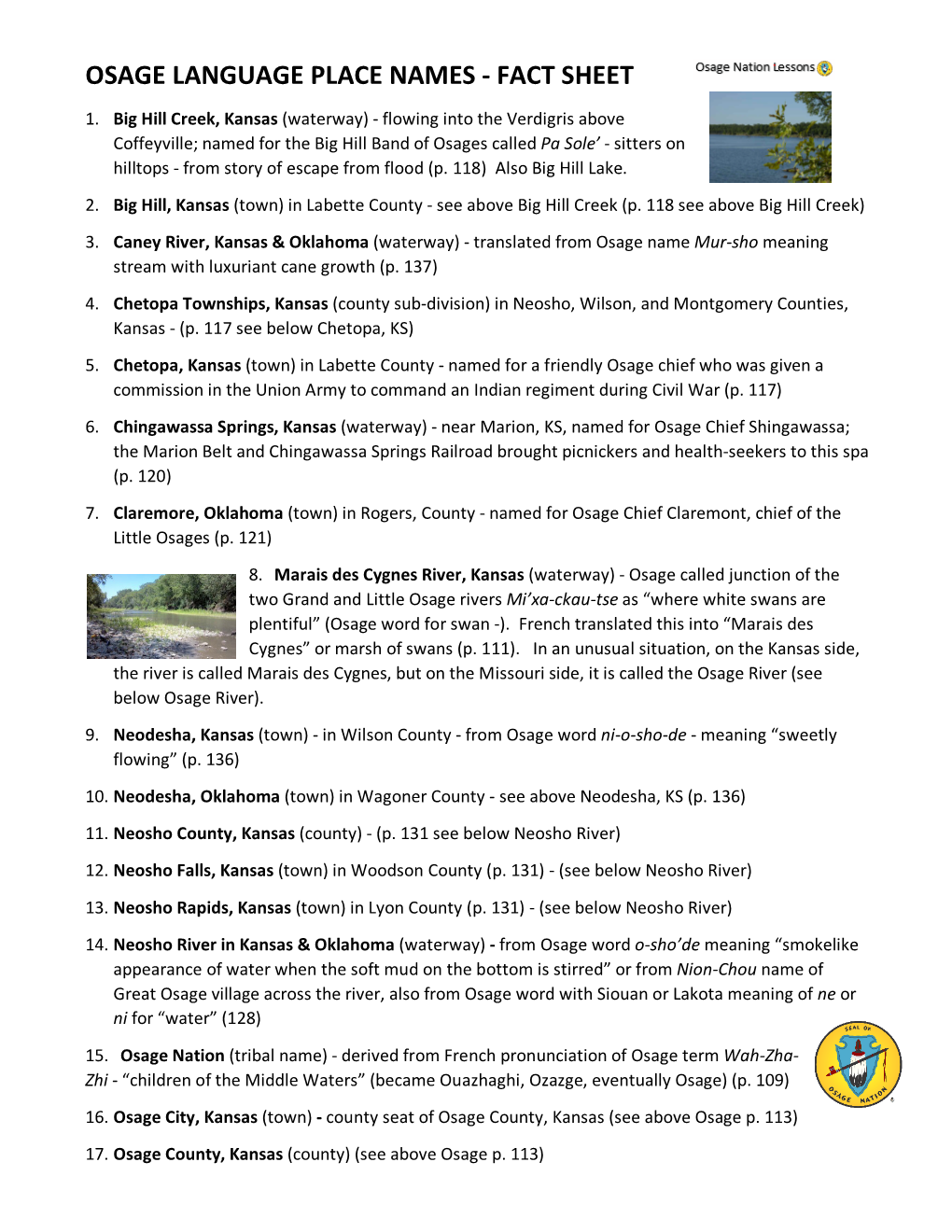 Osage Language Place Names - Fact Sheet