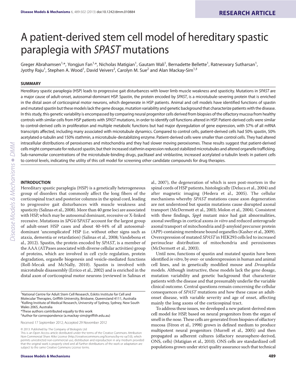 A Patient-Derived Stem Cell Model of Hereditary Spastic Paraplegia with SPAST Mutations
