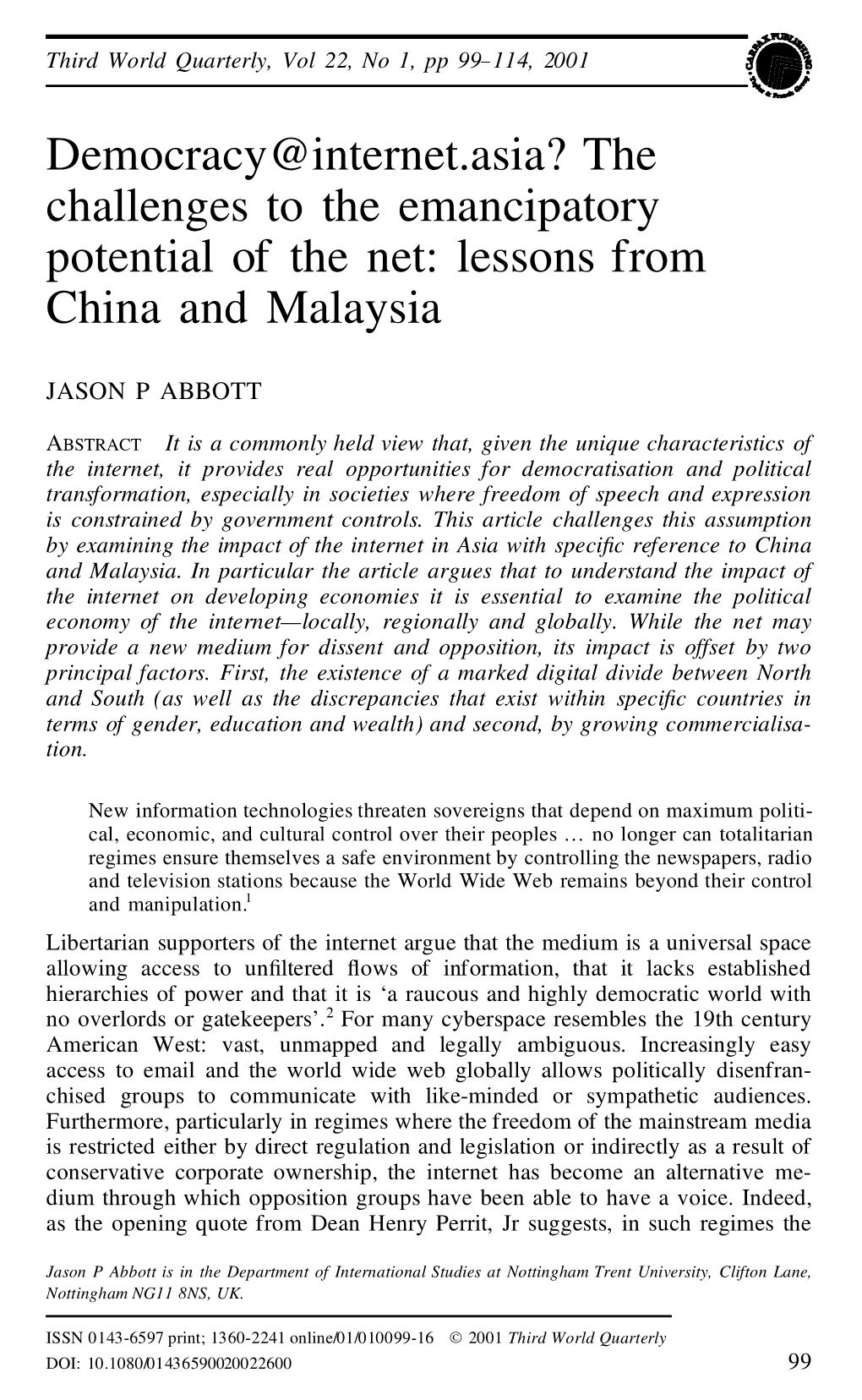 Democracy@Internet.Asia? the Challenges to the Emancipatory