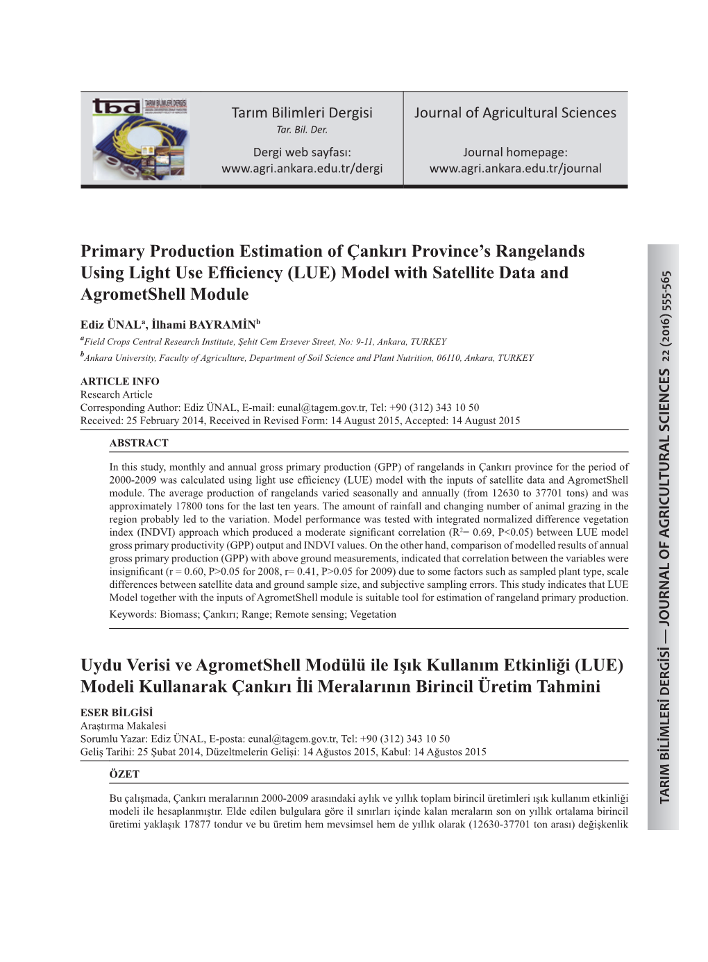 Primary Production Estimation of Çankırı Province's Rangelands