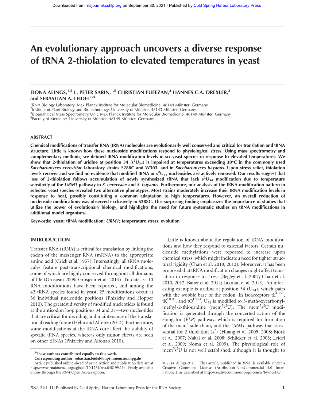 An Evolutionary Approach Uncovers a Diverse Response of Trna 2-Thiolation to Elevated Temperatures in Yeast