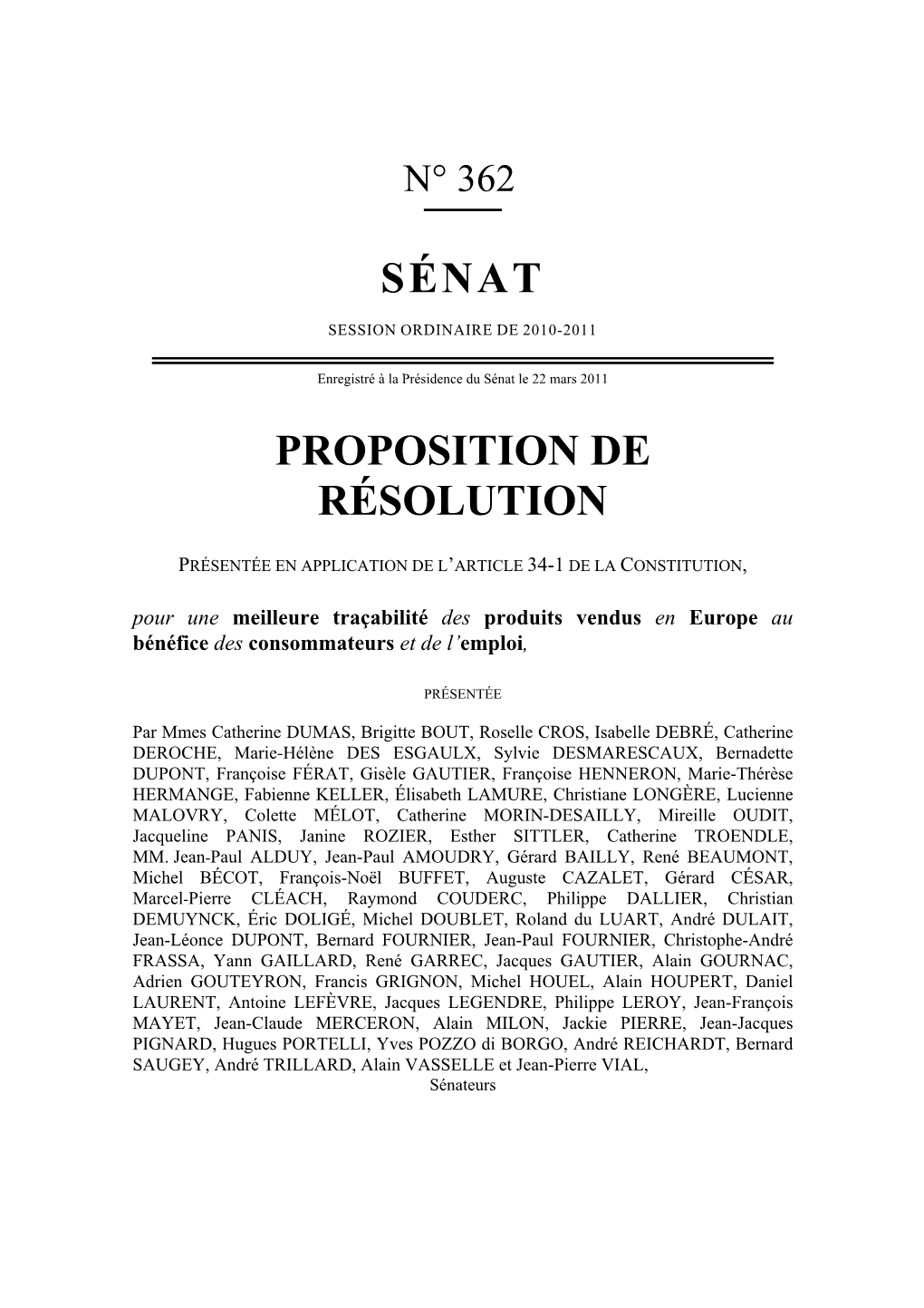 Sénat Proposition De Résolution