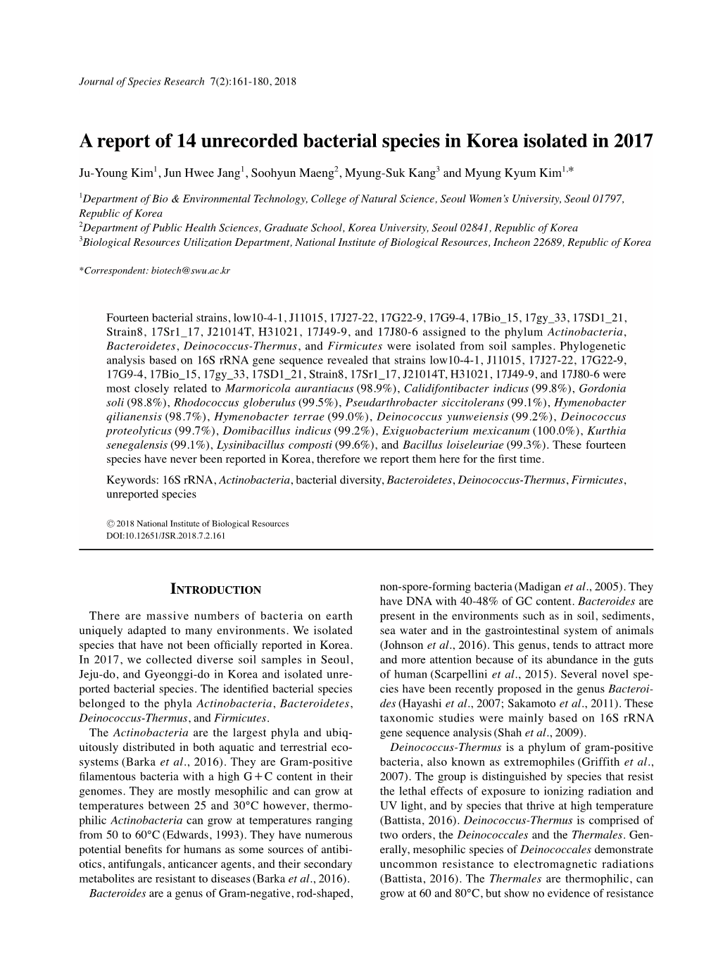 A Report of 14 Unrecorded Bacterial Species in Korea Isolated in 2017