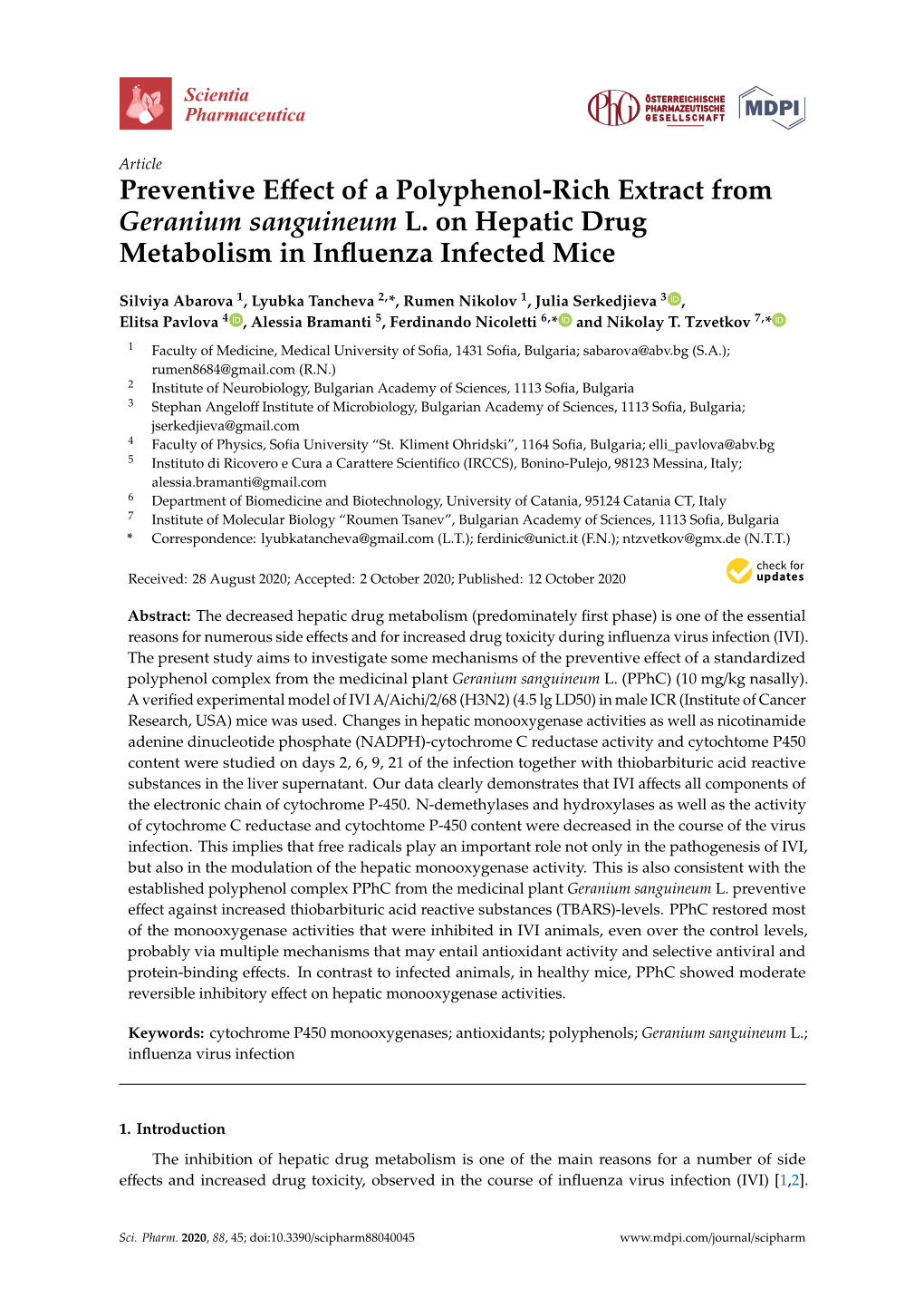 Preventive Effect of a Polyphenol-Rich Extract from Geranium Sanguineum L. on Hepatic Drug Metabolism in Influenza Infected Mice