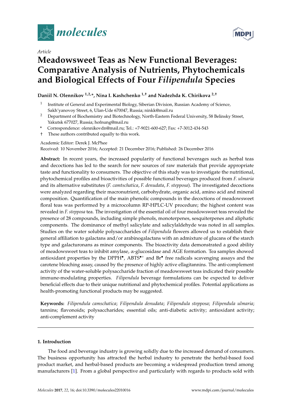 Meadowsweet Teas As New Functional Beverages: Comparative Analysis of Nutrients, Phytochemicals and Biological Effects of Four Filipendula Species