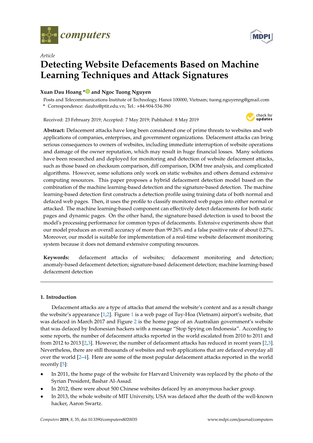 Detecting Website Defacements Based on Machine Learning Techniques and Attack Signatures
