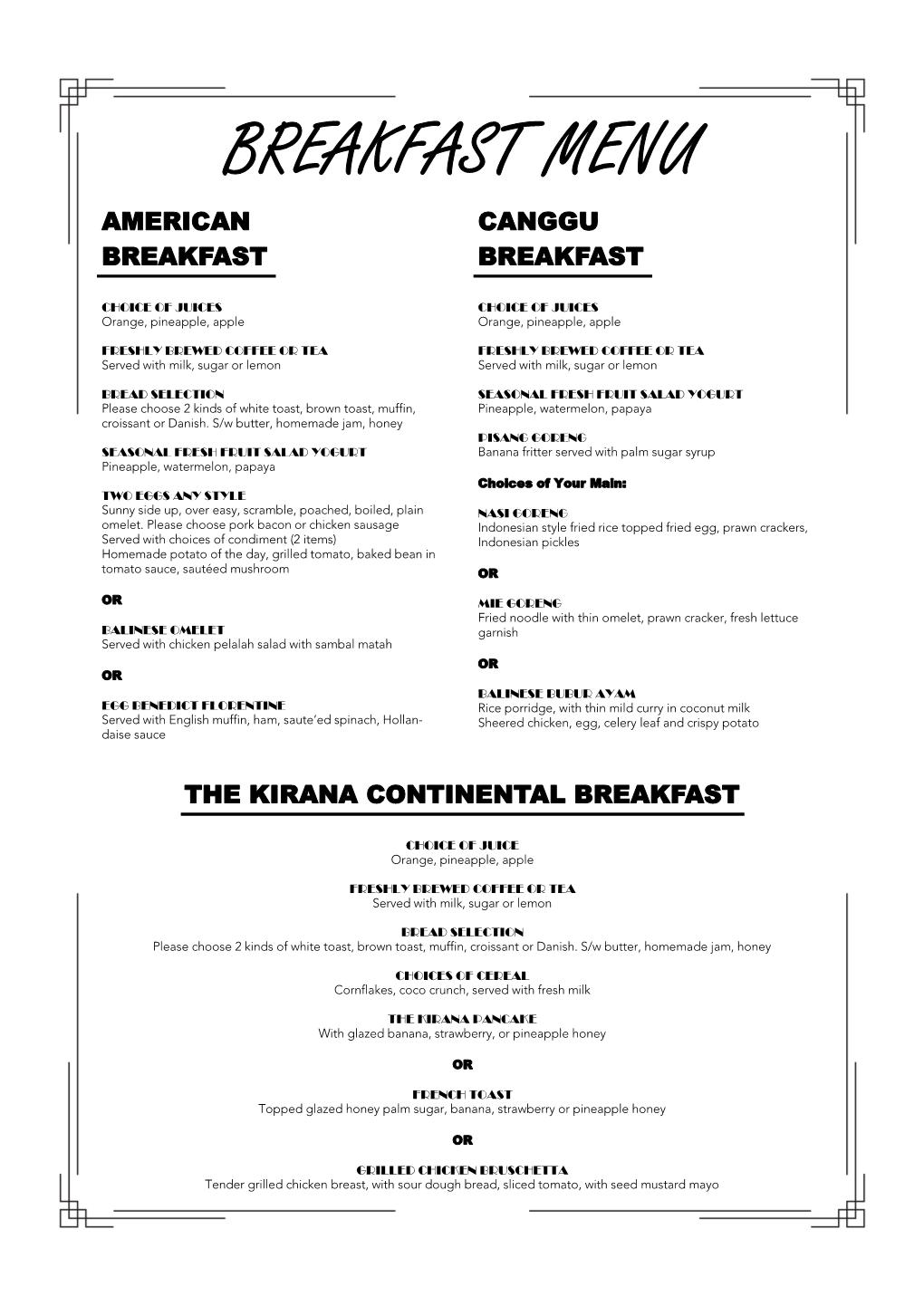 Breakfast Menu American Canggu Breakfast Breakfast