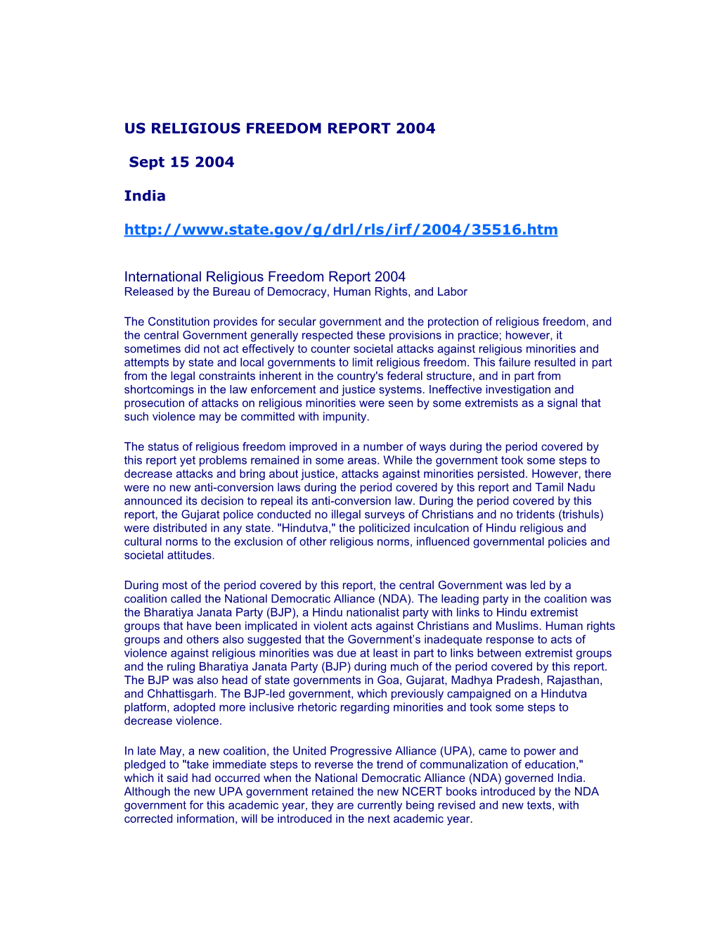 US Religious Freedom Report