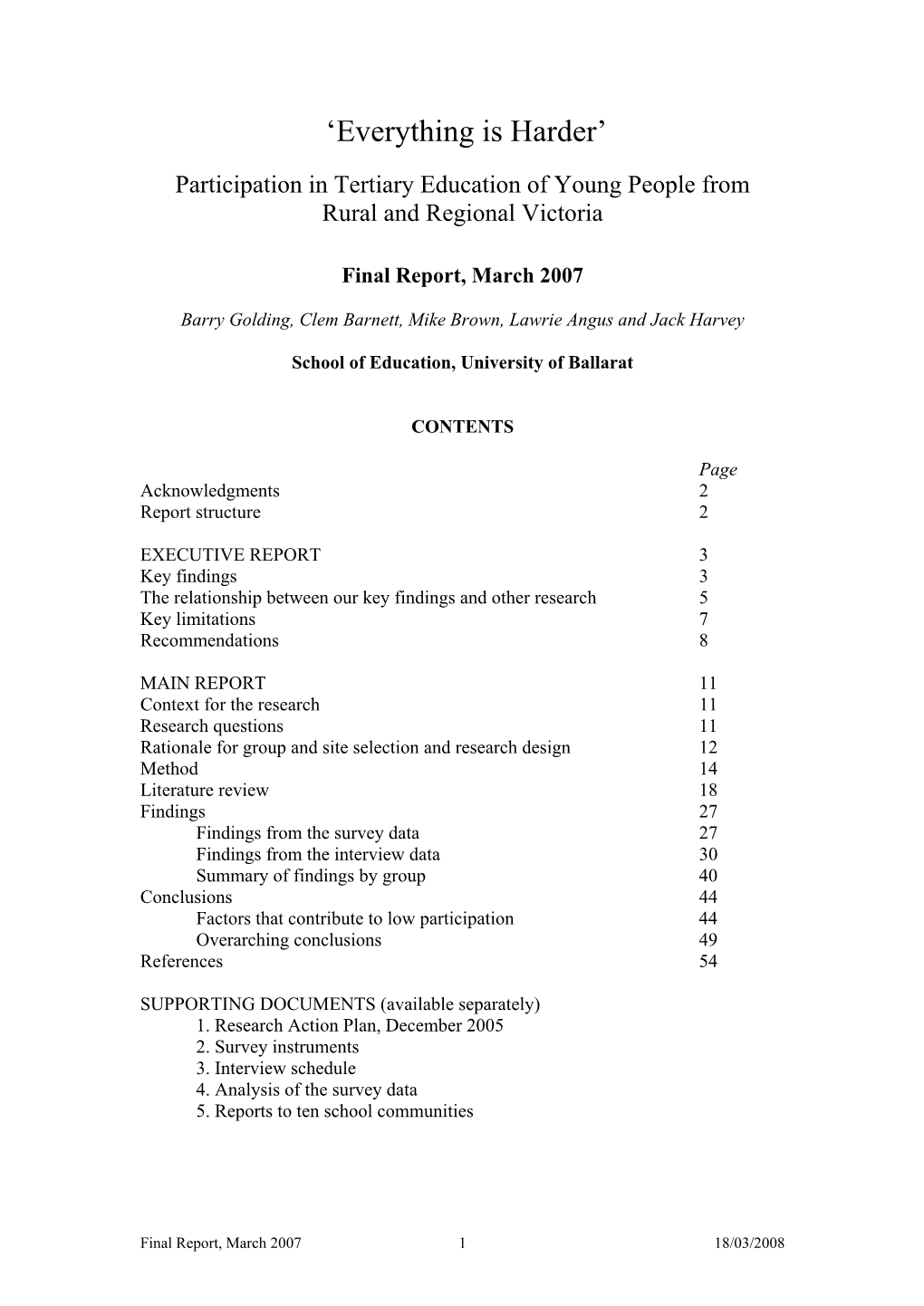 Participation in Tertiary Education of Young People from Rural and Regional Victoria