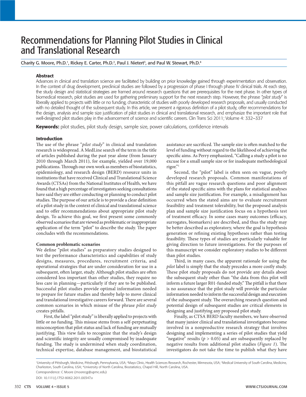 Recommendations for Planning Pilot Studies in Clinical and Translational Research