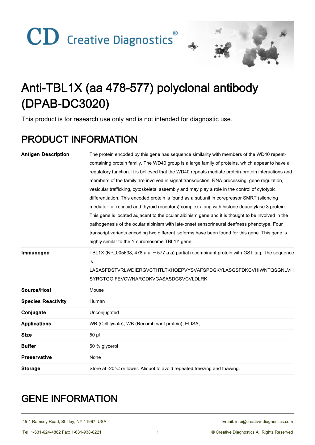 Anti-TBL1X (Aa 478-577) Polyclonal Antibody (DPAB-DC3020) This Product Is for Research Use Only and Is Not Intended for Diagnostic Use