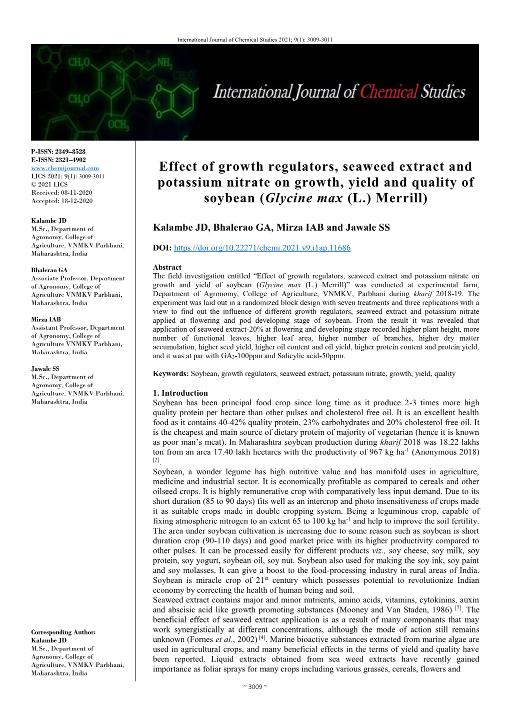 Effect of Growth Regulators, Seaweed Extract and Potassium Nitrate on Growth, Yield and Quality of Soybean