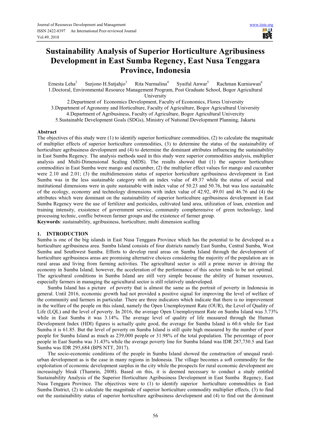 Sustainability Analysis of Superior Horticulture Agribusiness Development in East Sumba Regency, East Nusa Tenggara Province, Indonesia