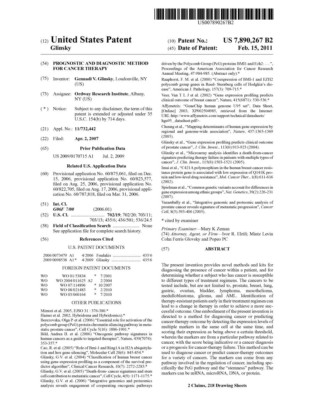 (12) United States Patent (10) Patent No.: US 7,890.267 B2 Glinsky (45) Date of Patent: Feb