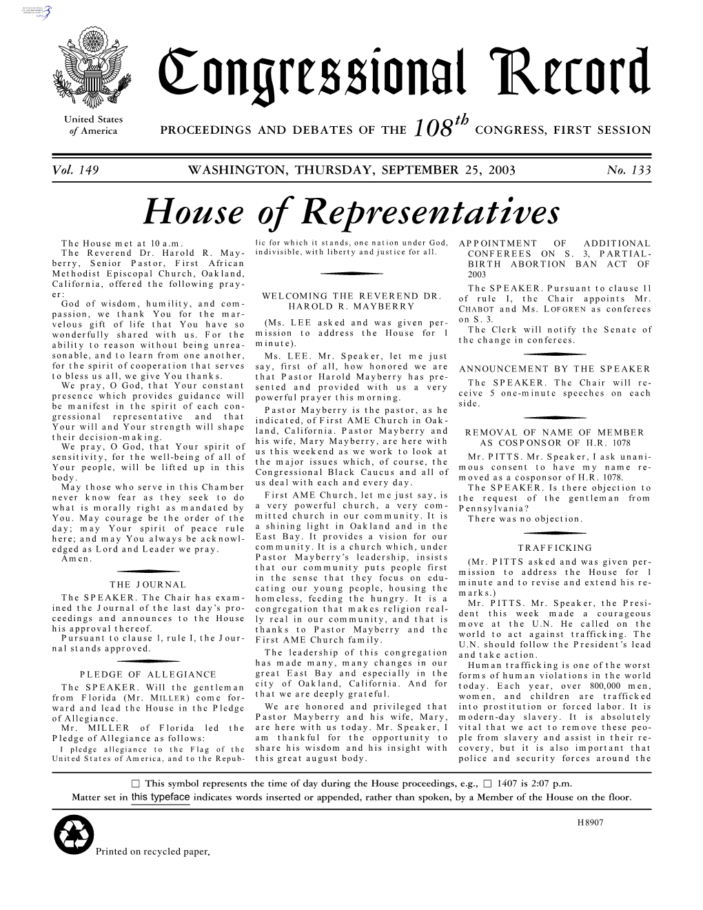 Congressional Record United States Th of America PROCEEDINGS and DEBATES of the 108 CONGRESS, FIRST SESSION