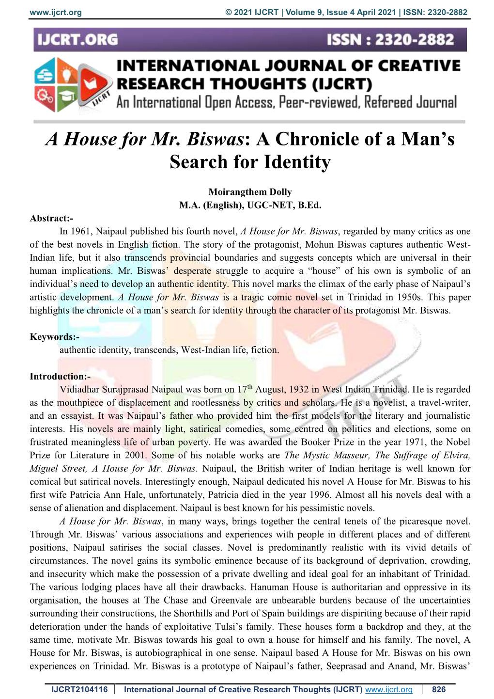 A House for Mr. Biswas: a Chronicle of a Man’S Search for Identity