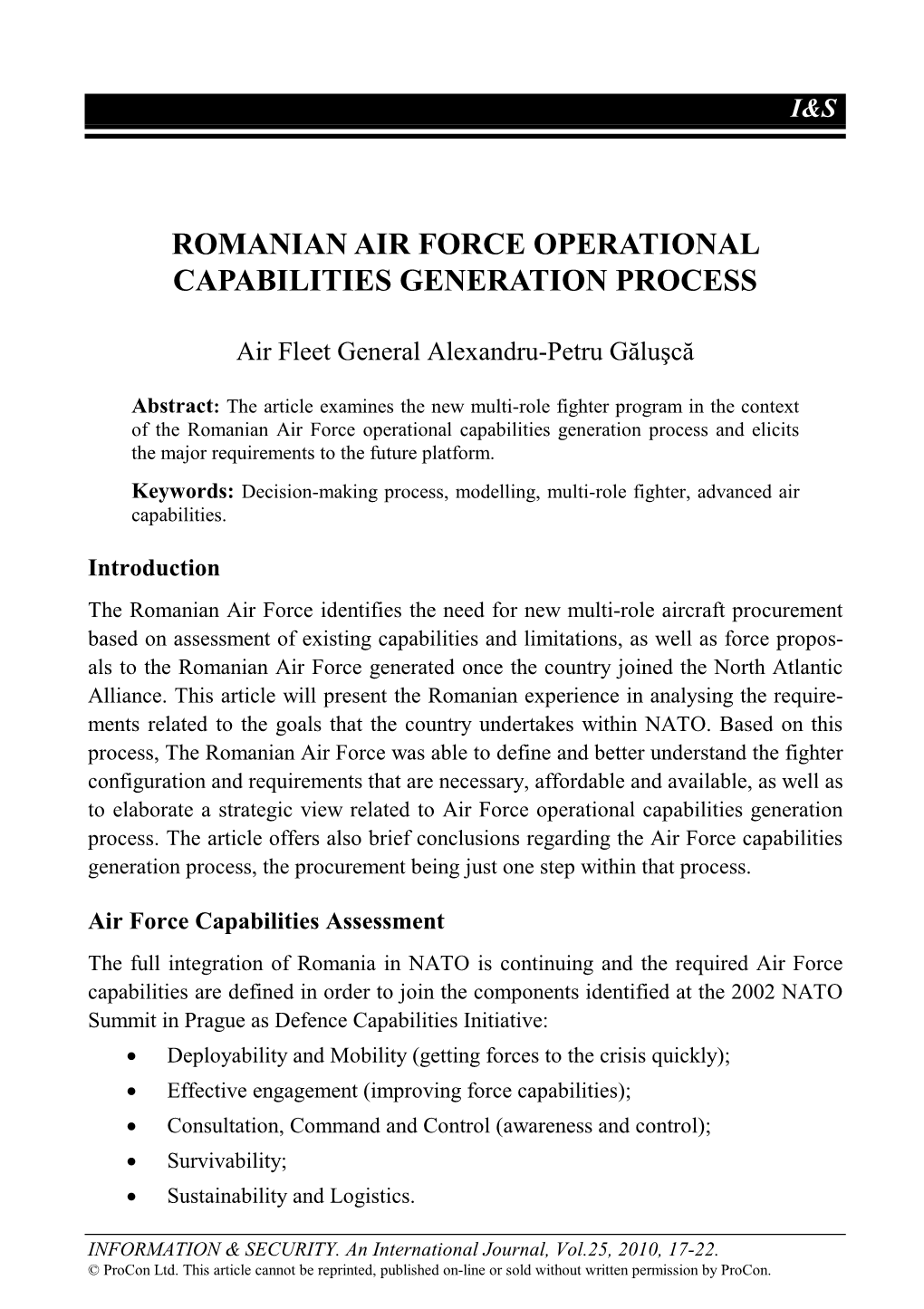 Romanian Air Force Operational Capabilities Generation Process