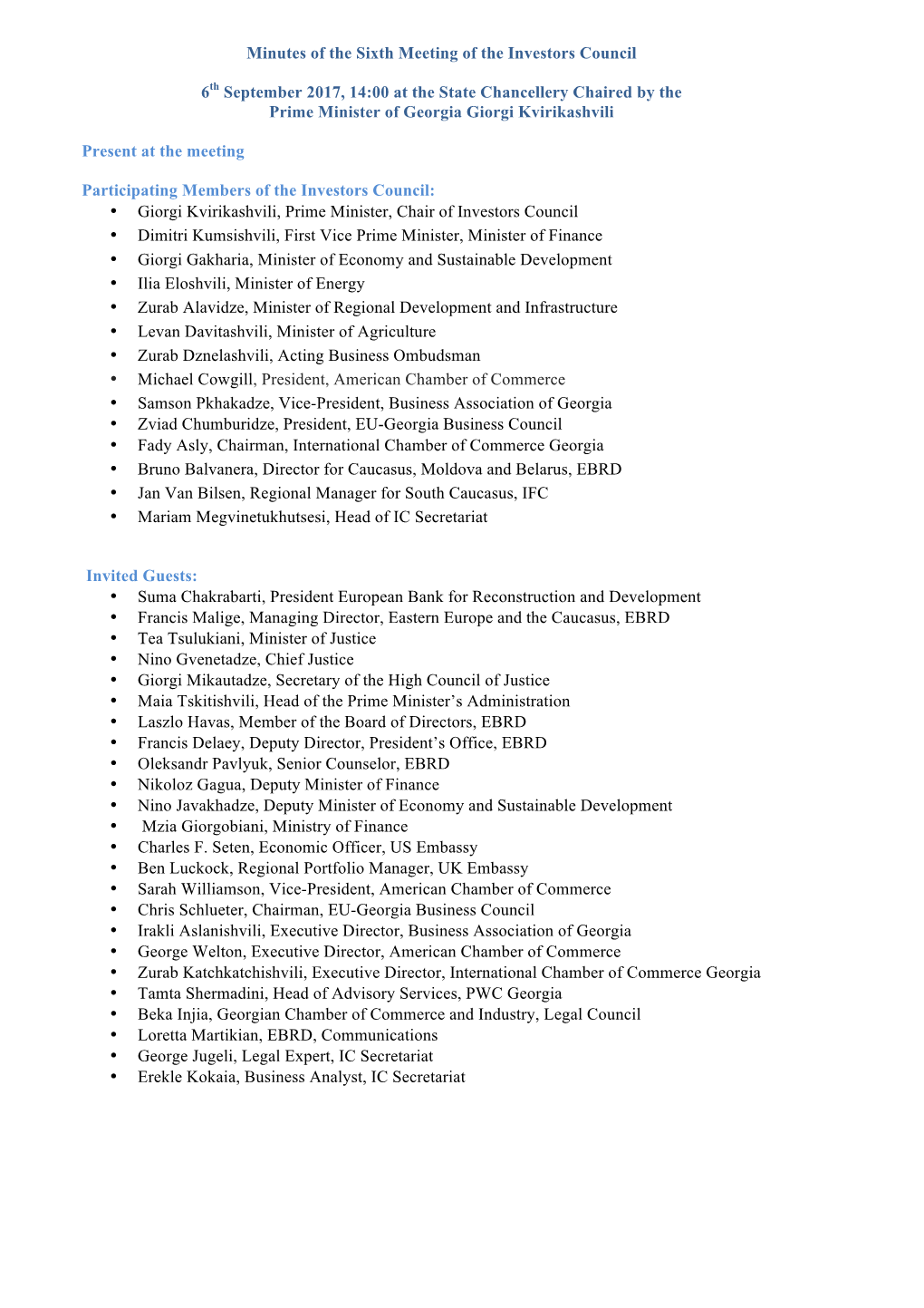 Minutes of the Sixth Meeting of the Investors Council 6Th September