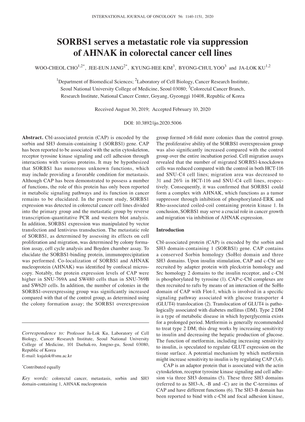 SORBS1 Serves a Metastatic Role Via Suppression of AHNAK in Colorectal Cancer Cell Lines