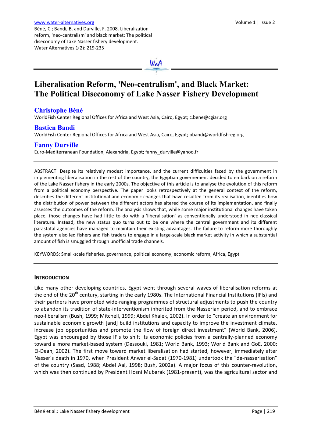 The Political Diseconomy of Lake Nasser Fishery Development Bn