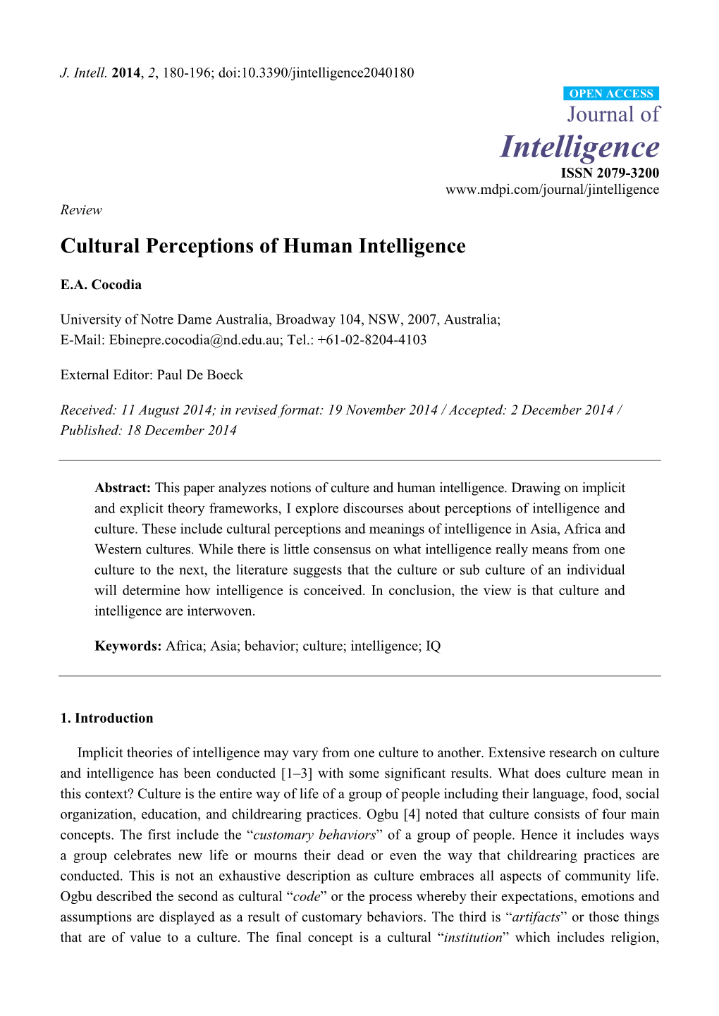 Cultural Perceptions of Human Intelligence