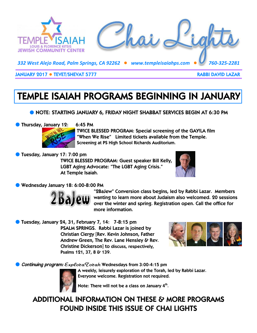 Temple Isaiah Programs Beginning in January