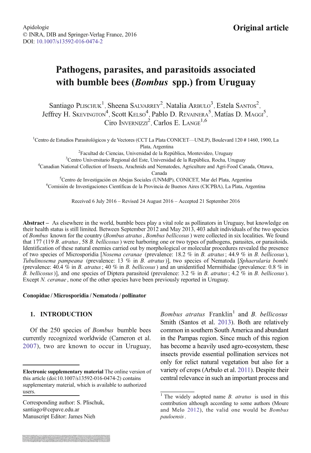 Pathogens, Parasites, and Parasitoids Associated with Bumble Bees (Bombus Spp.) from Uruguay