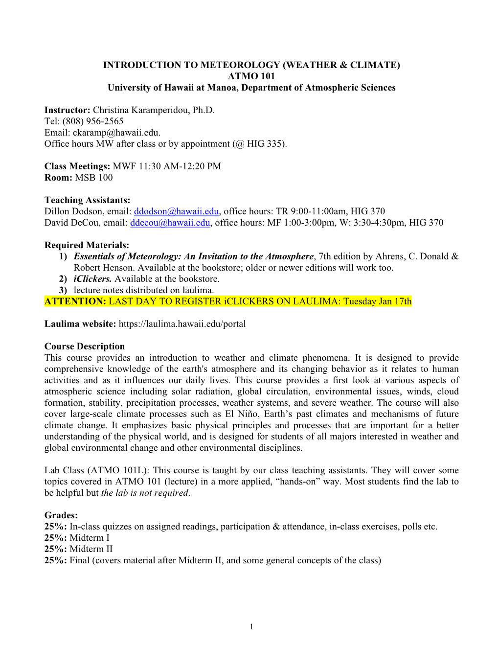 Introduction to Meteorology (Weather & Climate) Atmo