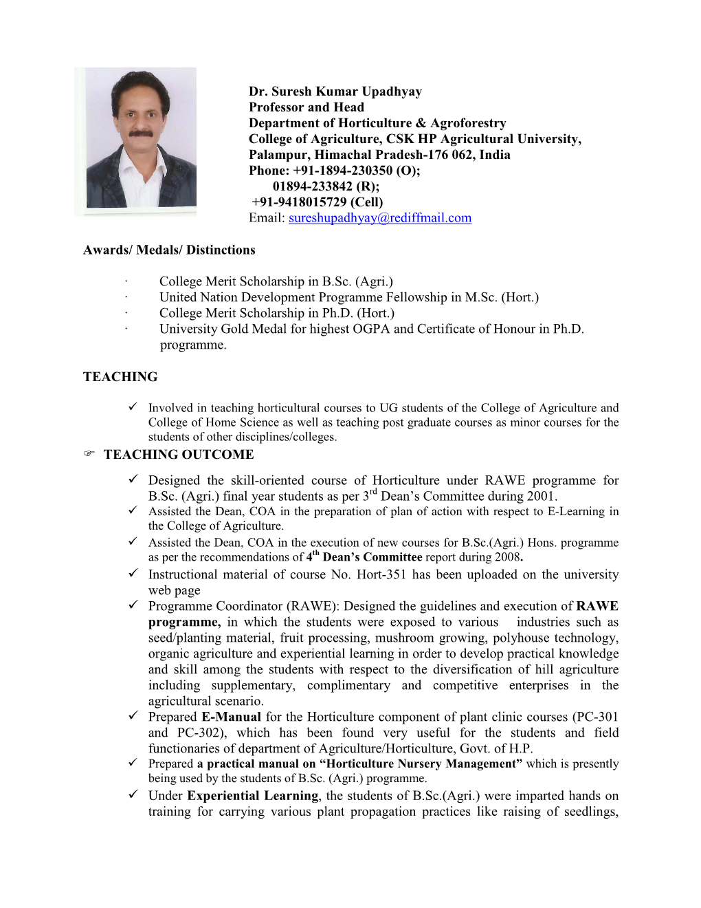 Dr. Suresh Kumar Upadhyay Professor and Head Department Of