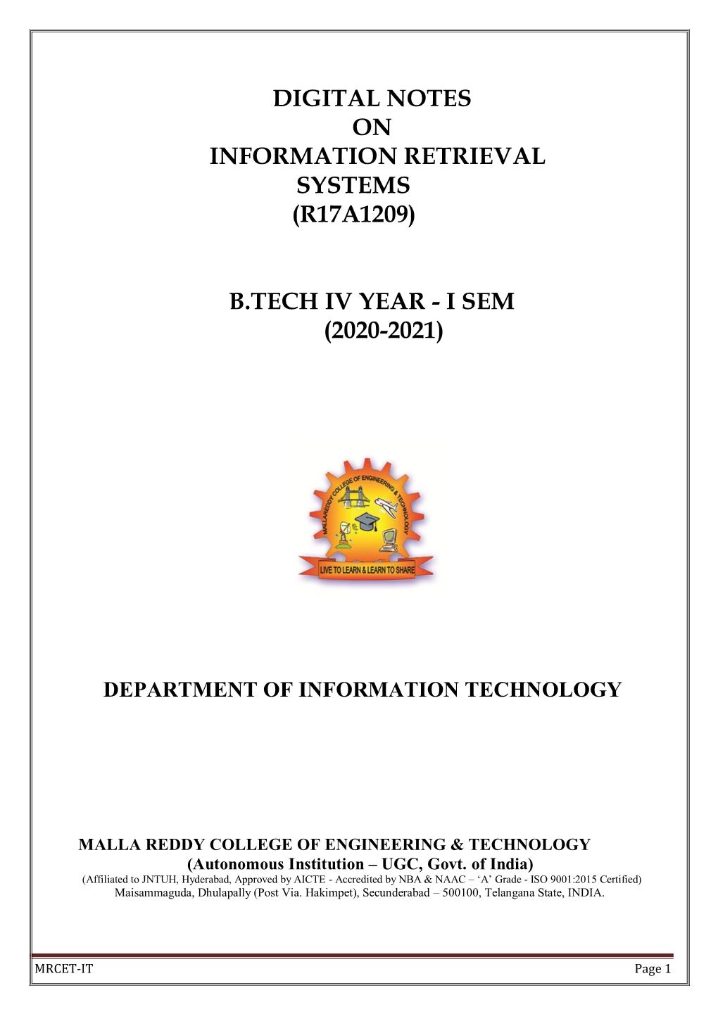 Digital Notes on Information Retrieval Systems (R17a1209) B.Tech Iv Year