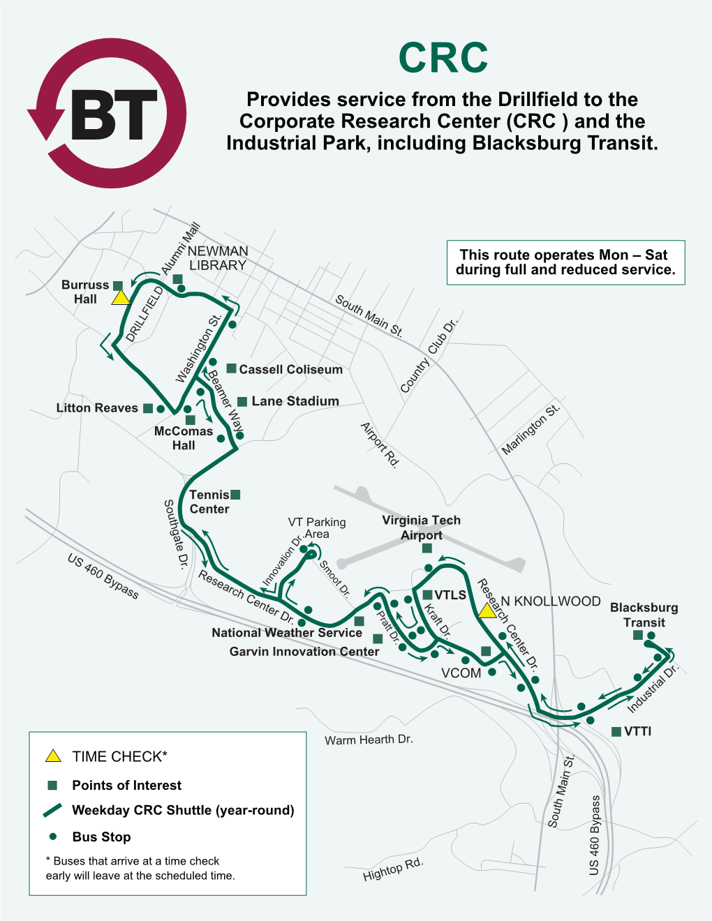 Provides Service from the Drillfield to the Corporate Research Center (CRC ) and the Industrial Park, Including Blacksburg Transit