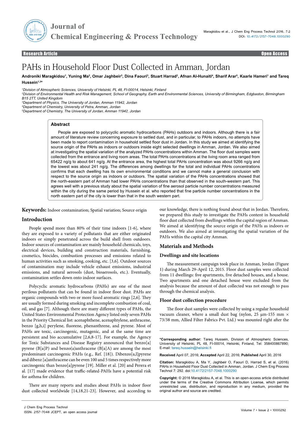 Pahs in Household Floor Dust Collected in Amman, Jordan