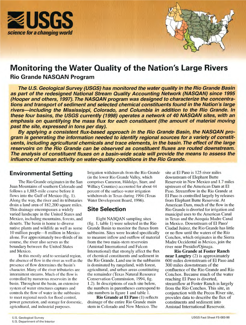 Monitoring the Water Quality of the Nation's Large Rivers Rio Grande NASQAN Program