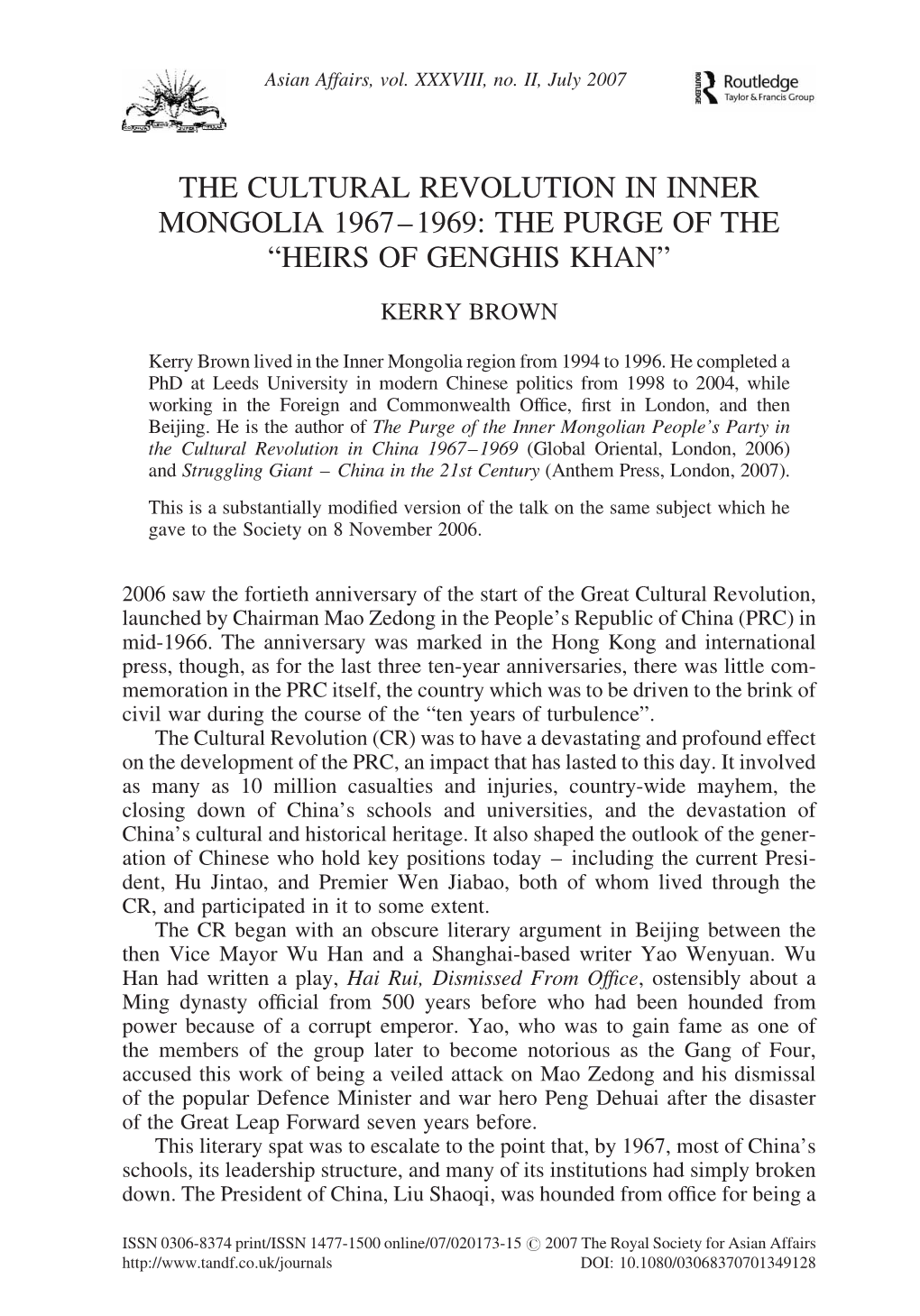 The Cultural Revolution in Inner Mongolia 1967–1969: the Purge of the “Heirs of Genghis Khan”