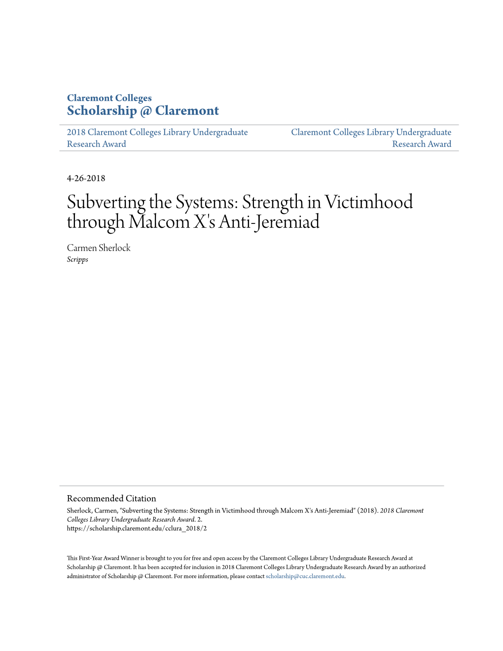 Strength in Victimhood Through Malcom X's Anti-Jeremiad Carmen Sherlock Scripps