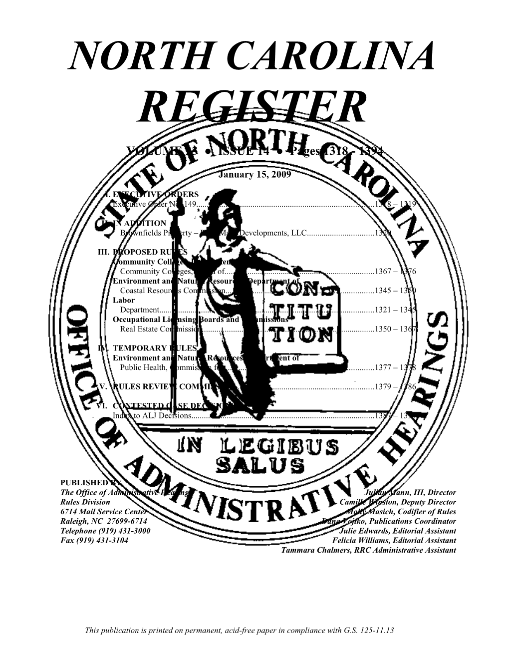 NORTH CAROLINA REGISTER Boilerplate