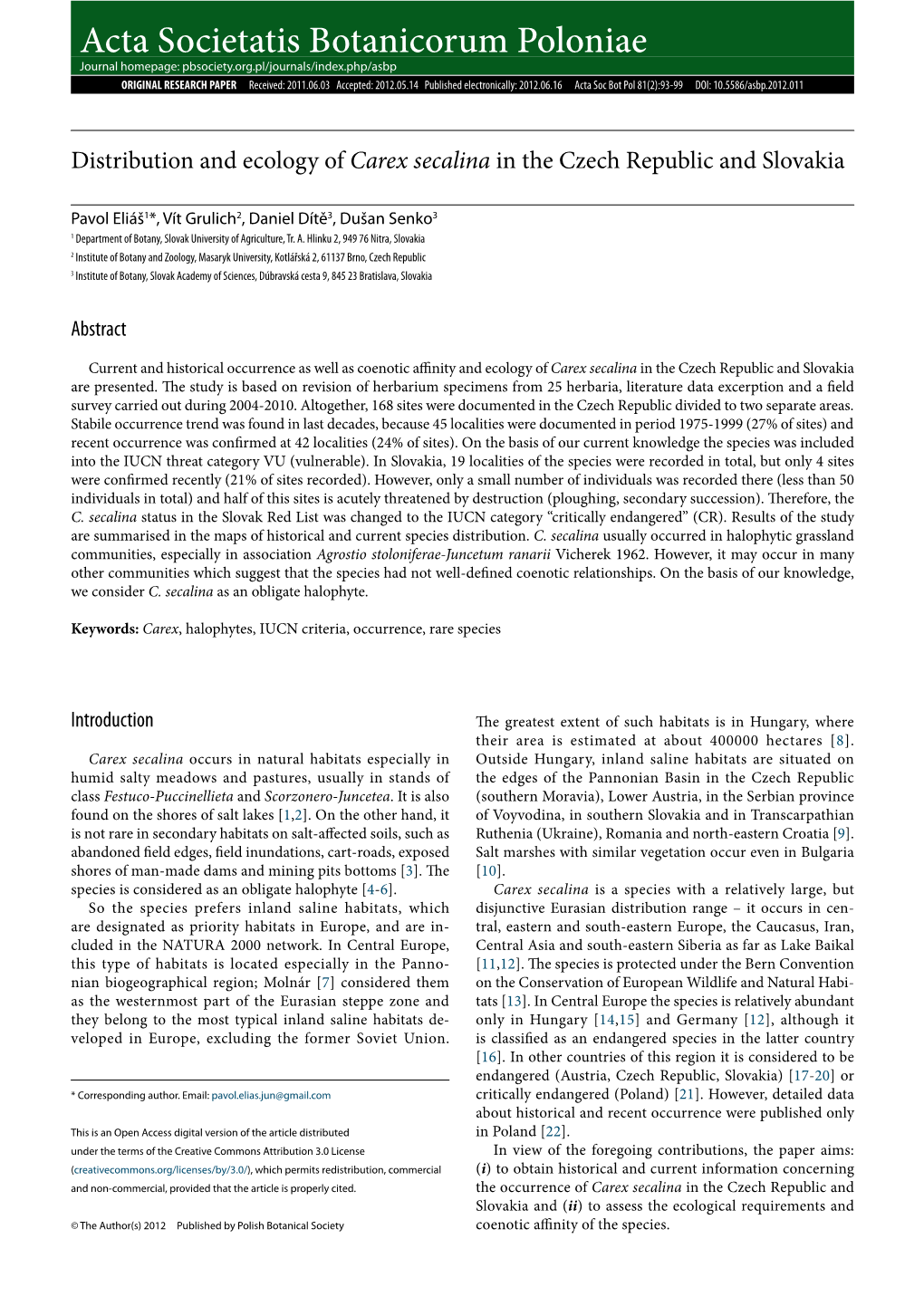 Distribution and Ecology of Carex Secalina in the Czech Republic and Slovakia