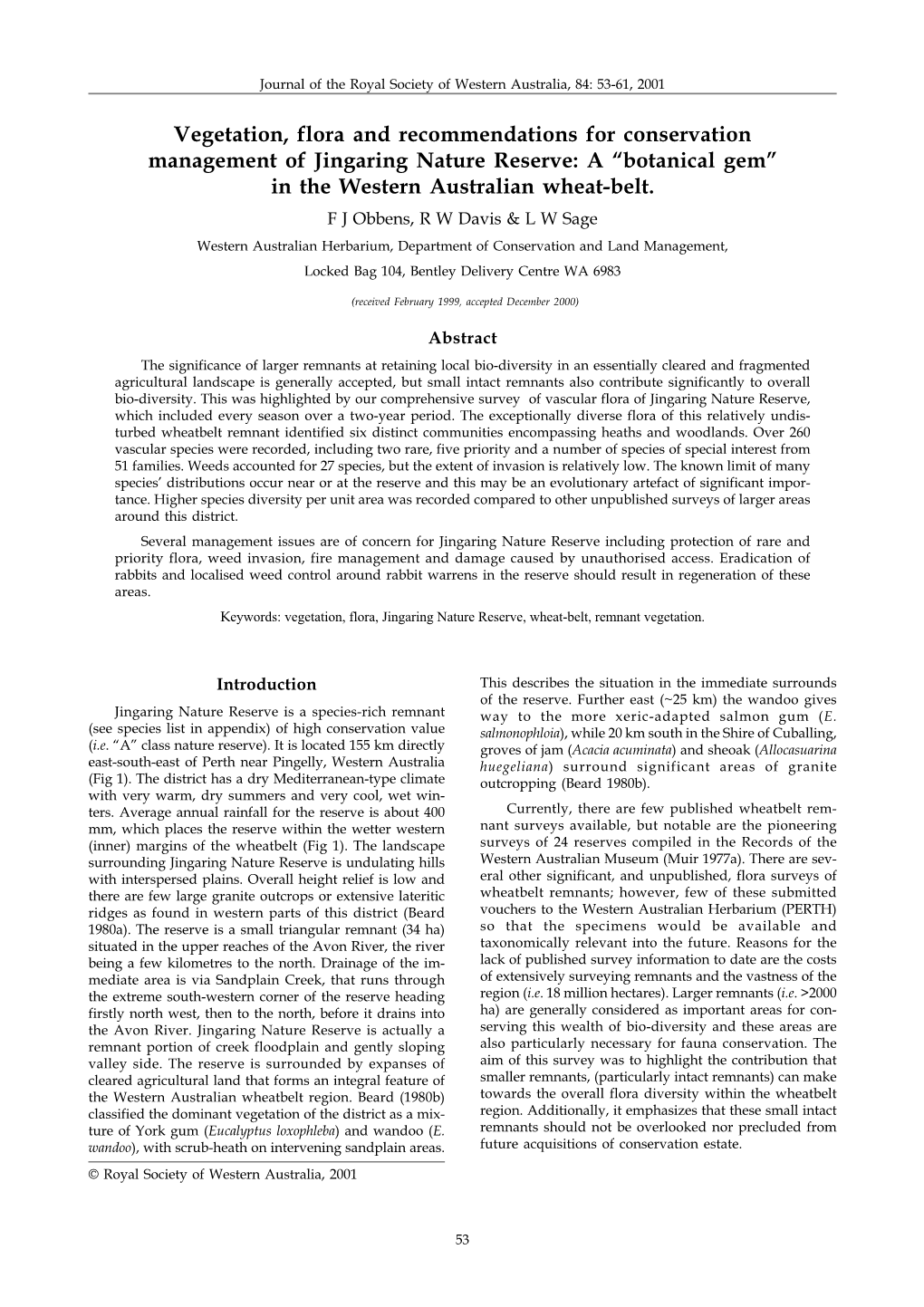 Vegetation, Flora and Recommendations for Conservation Management of Jingaring Nature Reserve: a “Botanical Gem” in the Western Australian Wheat-Belt