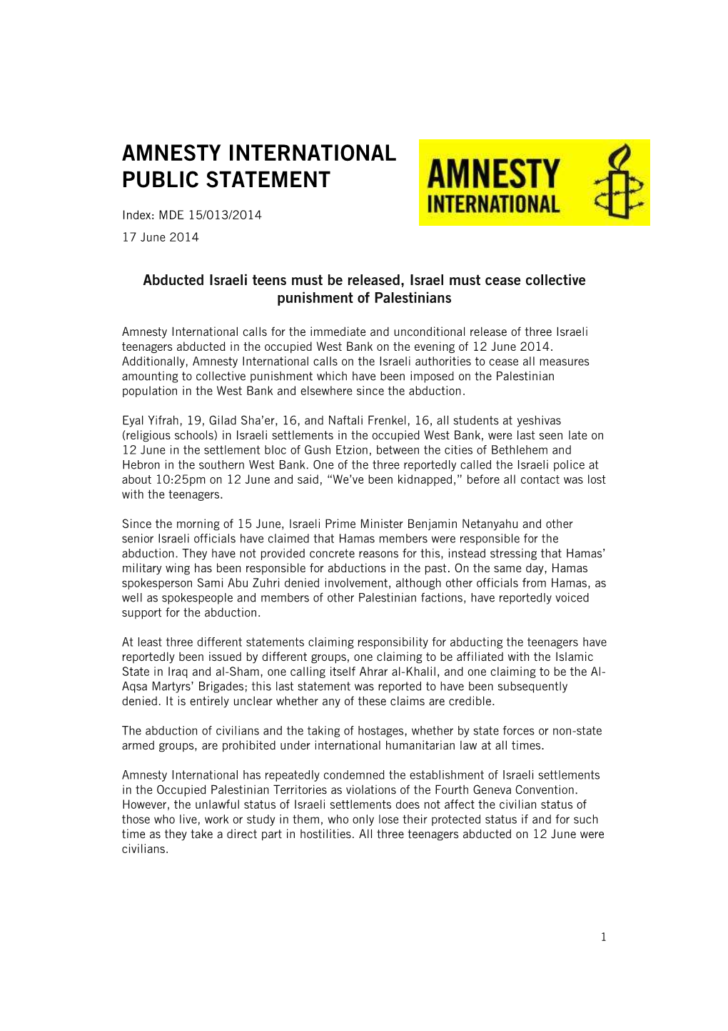 Amnesty International Public Statement