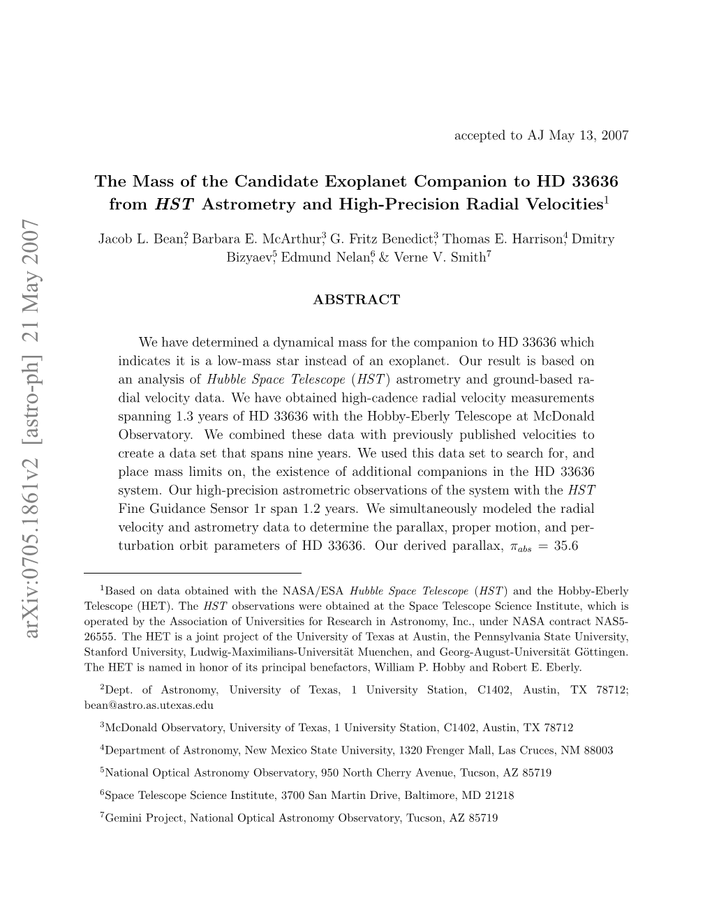 Arxiv:0705.1861V2 [Astro-Ph] 21 May 2007 H E Snmdi Oo Fispicplbnfcos Ila .Hobby P