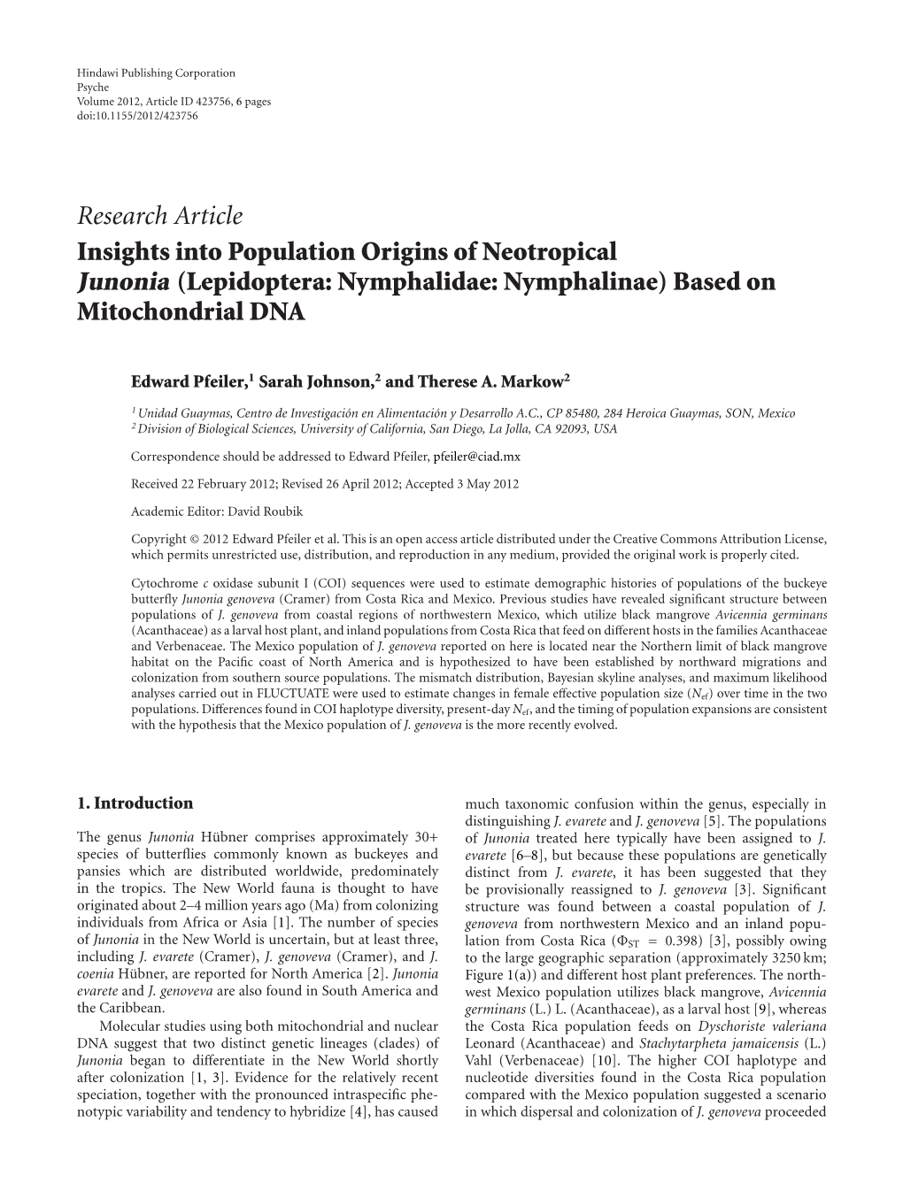 Insights Into Population Origins of Neotropical Junonia (Lepidoptera: Nymphalidae: Nymphalinae) Based on Mitochondrial DNA