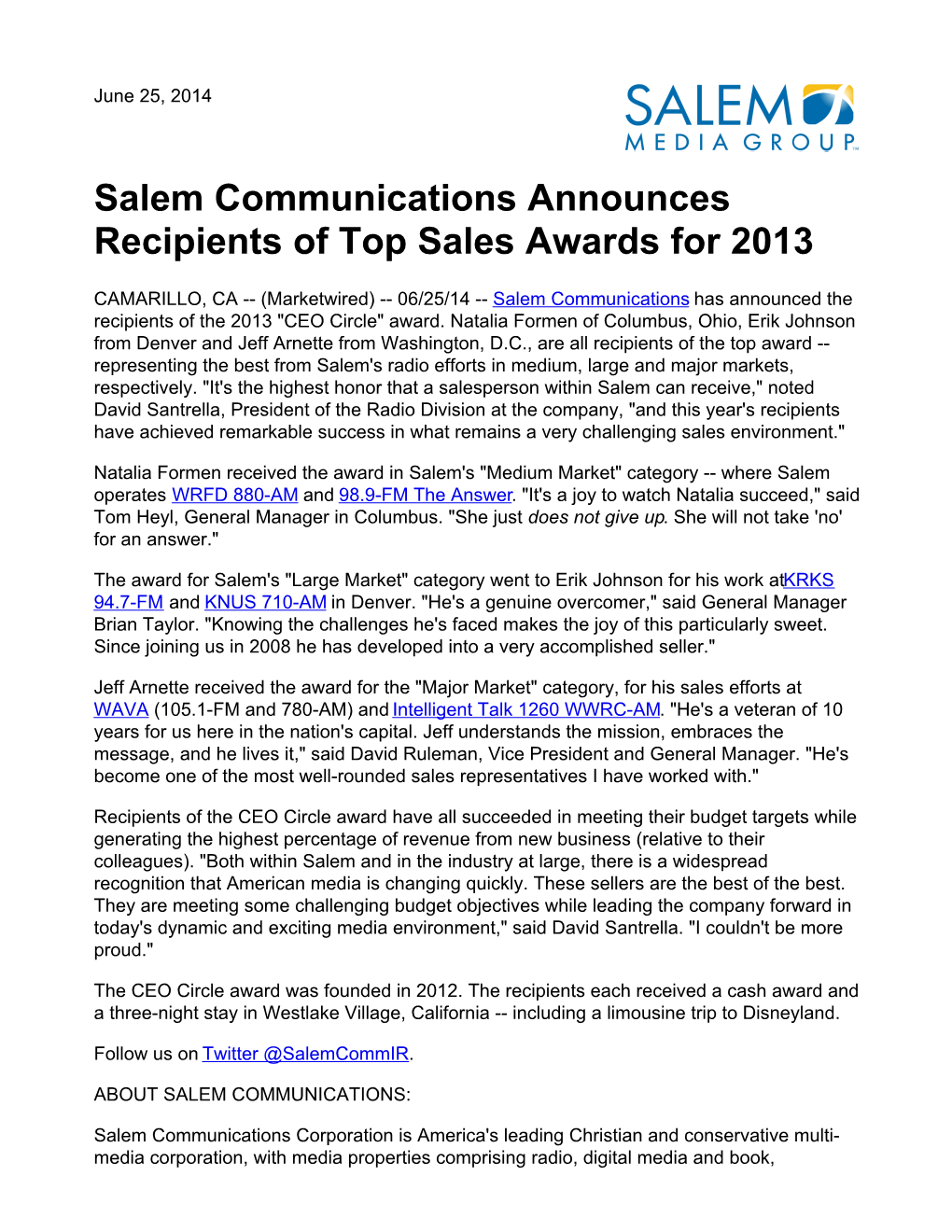 Salem Communications Announces Recipients of Top Sales Awards for 2013