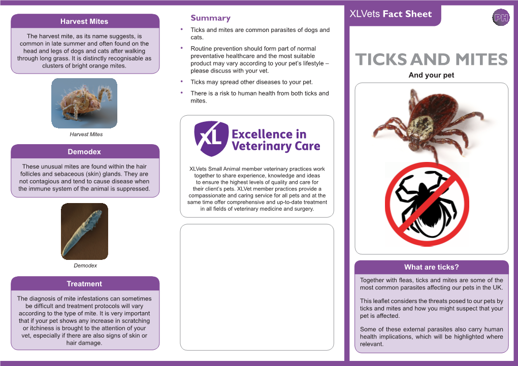 Ticks and Mites Are Common Parasites of Dogs and the Harvest Mite, As Its Name Suggests, Is Cats