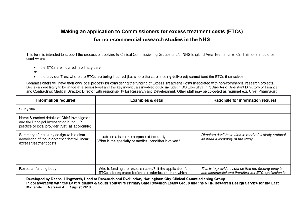 Excess Treatment Costs for Non-Commercial Research Studies in the Nhs