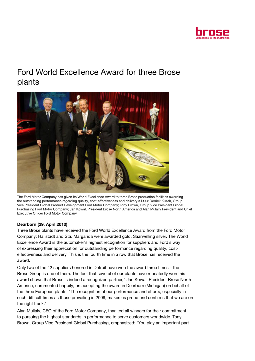 Ford World Excellence Award for Three Brose Plants